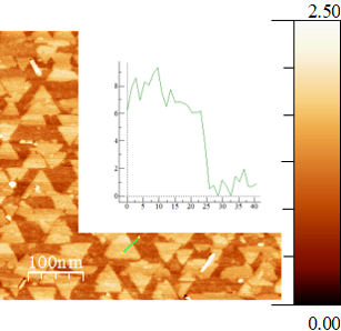 Image topographique AFM de flocons semi-conducteurs MoS2 sur GaN